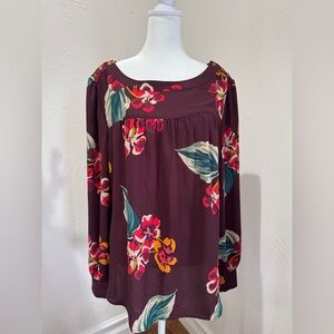 LOFT Burgundy Floral Blouse with Long Sleeves